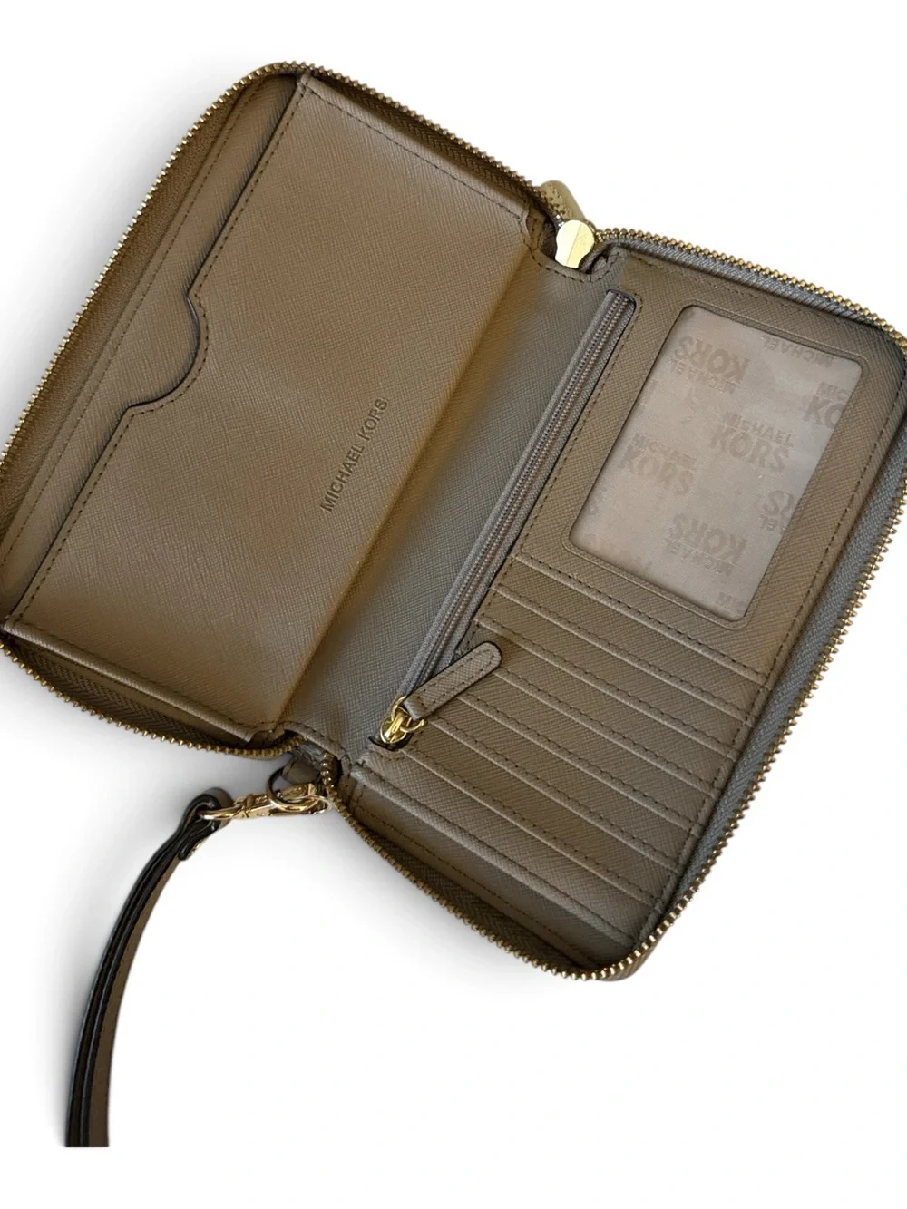 Michael Kors Olive Leather Zip Wristlet with Gold MK Medallion